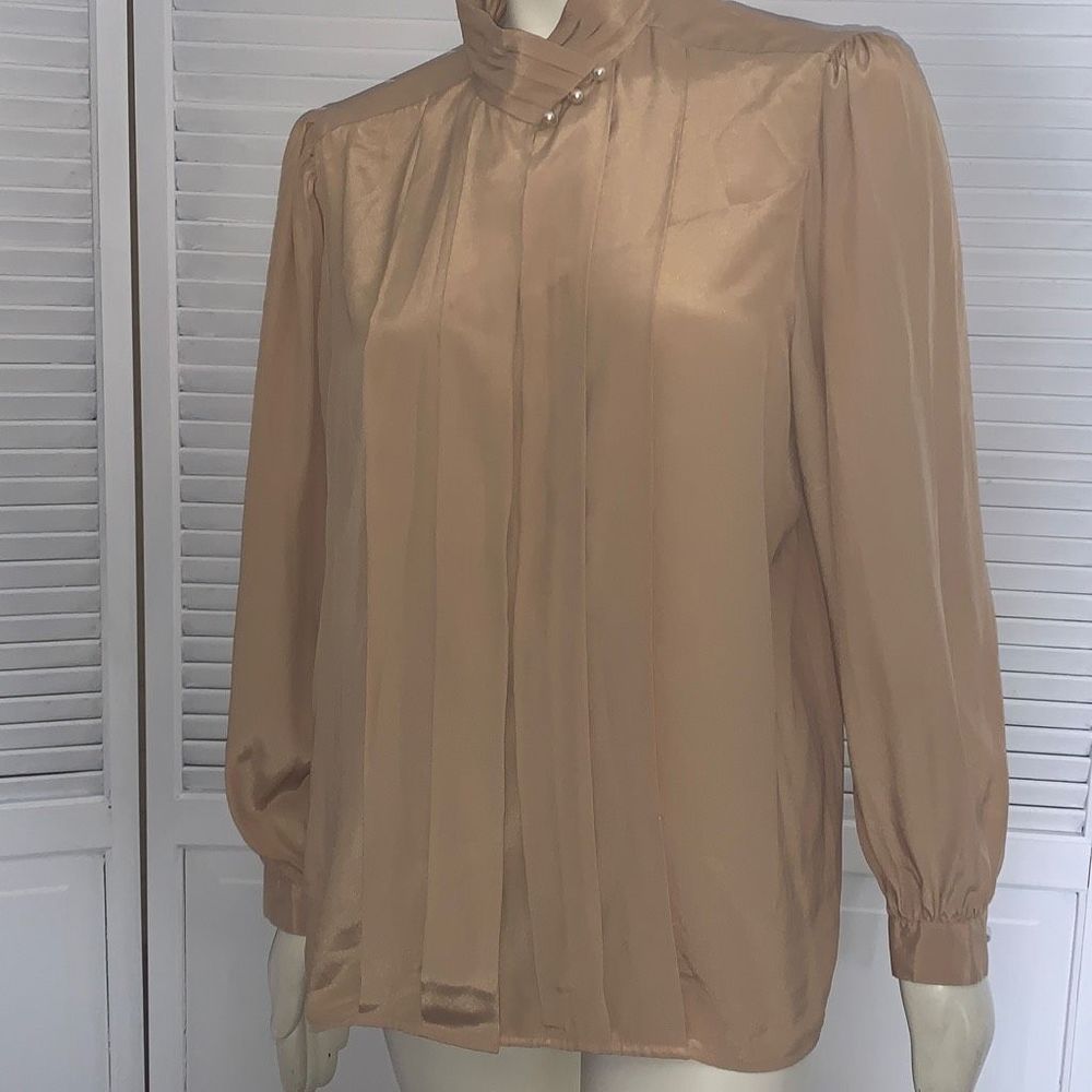 Vintage Champagne Satin Draped Button Down Blouse Size 18